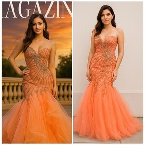 NWT SHERRI HILL One Shoulder Embellished Mermaid Tulle Gown Pastel Orange Size 6